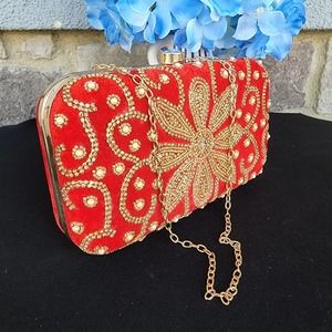 NWT Red velvet clutch with gold zardozi, zardosi, beads and sequins embroidery.